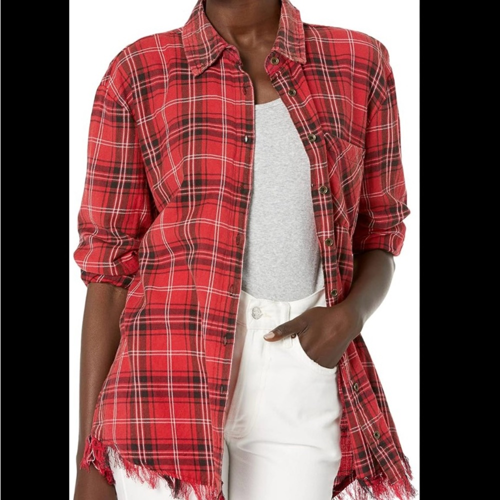Plaid Flannel fringe Hem shirt